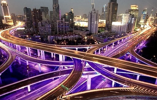 by arndalarm on Flickr.Night view of intersecting highways in Shanghai, China.