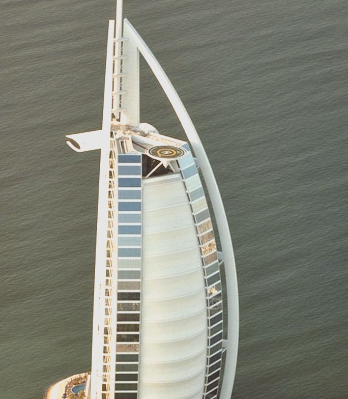 Burj Al-Arab Hotel aerial view in Dubai, United Arab Emirates.