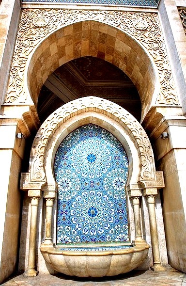 Fountain outside Hassan II Mosque in Casablanca, Morocco