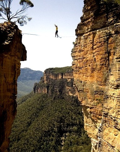 Walking on the Hanging Rock highline, Blue Mountains, Australia